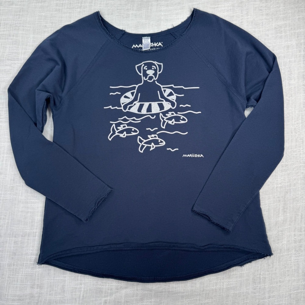 Marushka Navy Blue Women S Dog Fish Graphic Handprint Sweatshirt Nautical Lounge